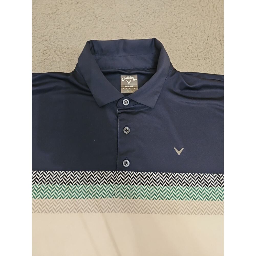 Callaway Opti‎ Dry Polo Shirt Mens LARGE Short Sleeve Blue White Golf Striped